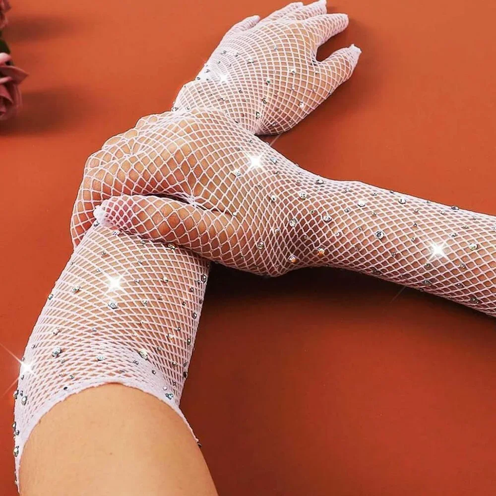 Women's Rhinestone Mesh Rave White Long Gloves Elbow Length Halloween Costume